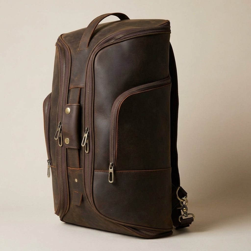 Bolsa de Viaje Convertible en Mochila de Cuero — Marrón